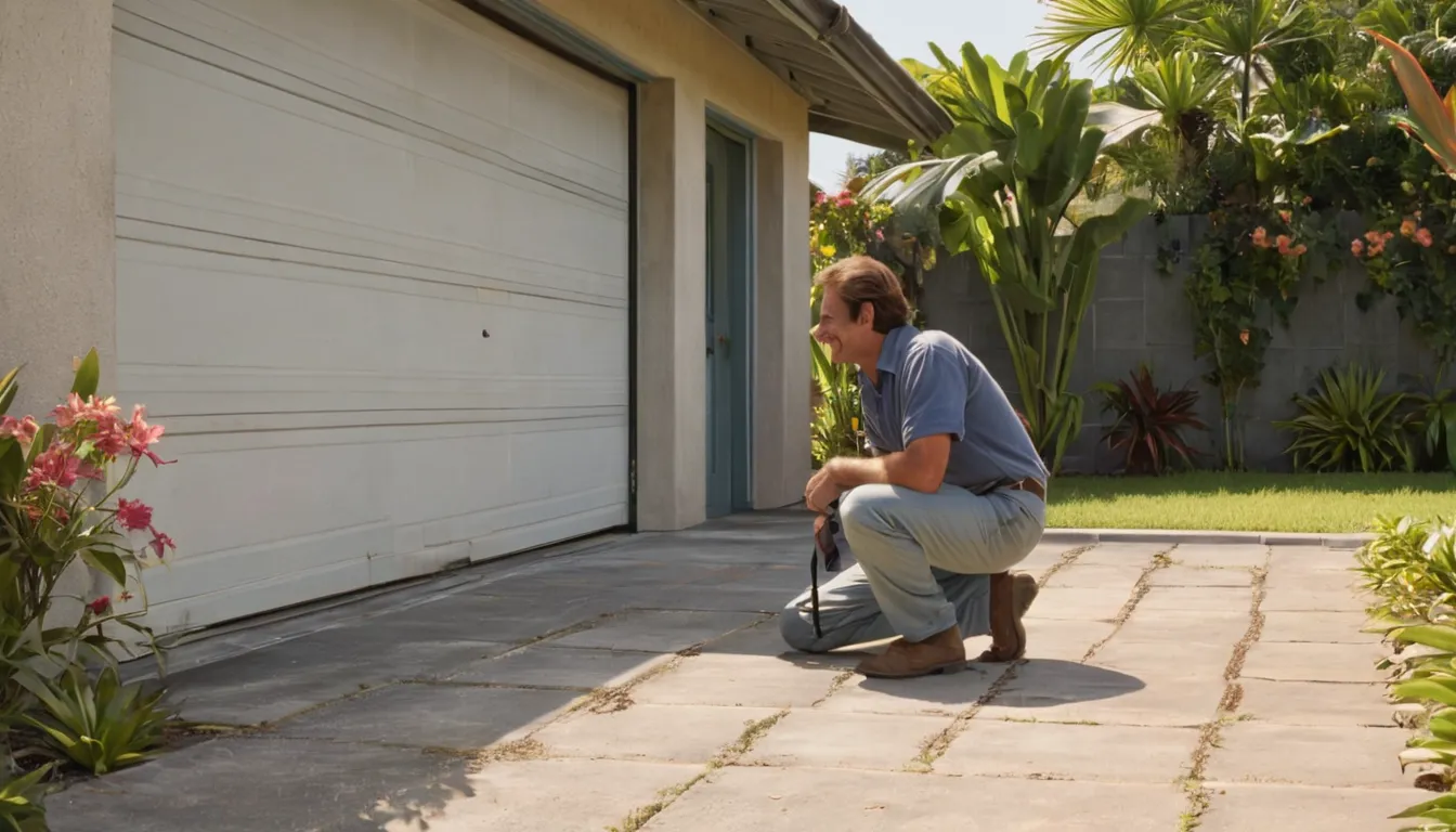 A friendly local garage door provider checking the track alignment on an older home's garage door in the Tampa area