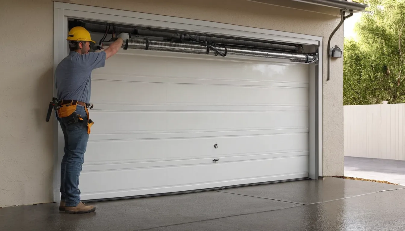 A friendly local provider checking the torsion spring above a garage door at a Tampa home while the homeowner looks on